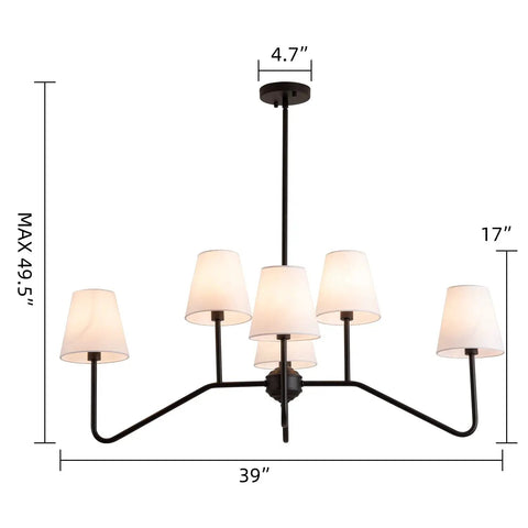 Awesome 39 Inch Matte Black Six Light Kitchen Island Chandelier With Fabric Shade That Brings Soft Warm Glow And Modern Style