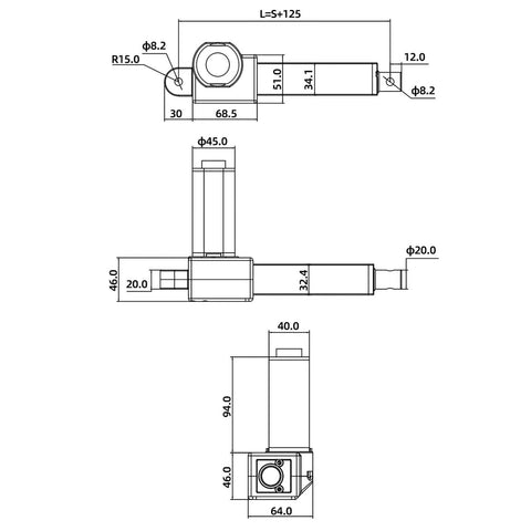 24V DC Electric Linear Actuator 800N With 100mm Stroke And End Limit Switch Rugged Aluminum Tube Frame ABS Connectors Built To Last Yet Smooth Linear Motion For DIY Projects And Industrial Automation, dimension drawing