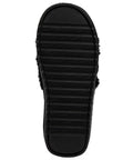 Bottom view of Women's Buttery Soft Faux Fur Slide Slippers Featuring Open Toe Fuzzy House Shoes With Sparkly Rhinestone Script Detail Dark Leopard Print For Total Homebody Chill Vibes Small Fit.