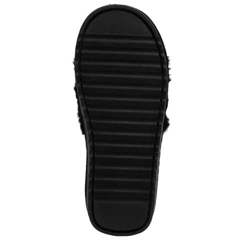 Bottom view of Women's Buttery Soft Faux Fur Slide Slippers Featuring Open Toe Fuzzy House Shoes With Sparkly Rhinestone Script Detail Dark Leopard Print For Total Homebody Chill Vibes Small Fit.