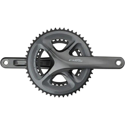 Claris 8 Speed Road Crankset 50T 34T 170Mm Hollowtech II displayed with double chainring for lightweight alloy power transfer.