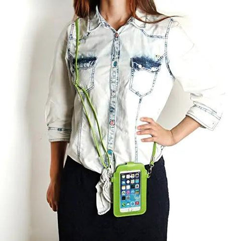 Person wearing a green smartphone pouch with neck strap, displaying a phone screen, casual white denim shirt background.