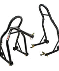 Sport Bike Front And Rear Lift Stand With Spool Style And Triple Tree Attachment, Fork Cradle Or Headlift Design, black metal