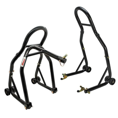 Sport Bike Front And Rear Lift Stand With Spool Style And Triple Tree Attachment, Fork Cradle Or Headlift Design, black metal