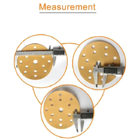 Measurement of Heavy Duty 6 Inch Hook and Loop Sanding Discs With 15 Holes For Quick Dust Collection Aluminumoxide Abrasive Pads.