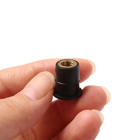 No Sweat 10 Pack M4 M5 M6 Rubber Well Nuts For Motorcycle Windshield Fairing And Boat Mounting Heavy Duty Neoprene Blind Fastener held in hand.