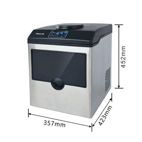 Clean Countertop Ice Maker Combo With Glowing Led Screen And Soft Touch Controls, compact silver design with dimensions shown.
