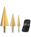 Premium Titanium Step Drill Bit Set For Metal Wood And Plastic Jobs With Hex Shank Design And Multiple Hole Sizes That Make A Perfect Addition To Any Toolbox For Tough Drilling Projects, 3-piece in case
