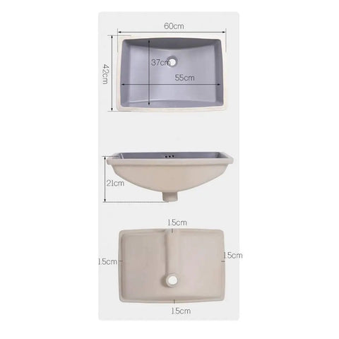 Straight Up Heavy Duty Ceramic Sink dimensions 60x42cm, square under counter wash basin, solid gray pedestal details.