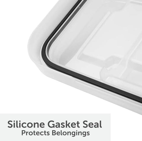 Close-up of silicone gasket seal on a 3 Pack 19 Quart Waterproof Storage Bins IP68 Clear Plastic Totes for gear protection.