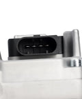 Koomaha turbo actuator electrical connector plug, front view, black 4-pin receptacle on silver housing