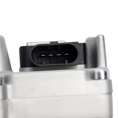 Koomaha turbo actuator electrical connector plug, front view, black 4-pin receptacle on silver housing