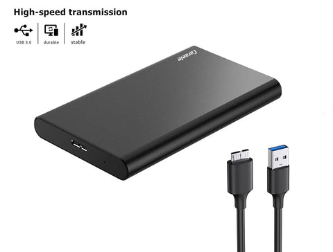 Ultra Slim 500GB Portable External Hard Drive USB 3.0 High Speed Data Transfer For PC Desktop Laptop MacBook Chromebook Xbox One Xbox 360 PS4 No External Power Required Plug And Play Black shown with USB cable