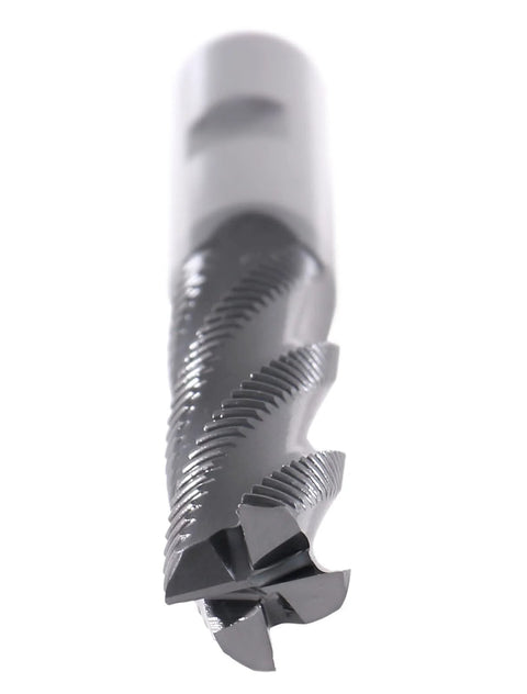 Close-up of roughing end mill, 1/2 in TiAlN-coated, M42 cobalt, 4-flute, 2 in flute length, 4 in OAL