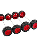 Red and black wheels from 20 Pack Toy Wheels With 2mm Shaft Rubber Tires And 10 Round Rod Shafts For Do It Yourself Model Cars