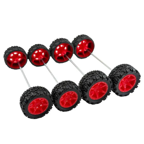 Red and black wheels from 20 Pack Toy Wheels With 2mm Shaft Rubber Tires And 10 Round Rod Shafts For Do It Yourself Model Cars