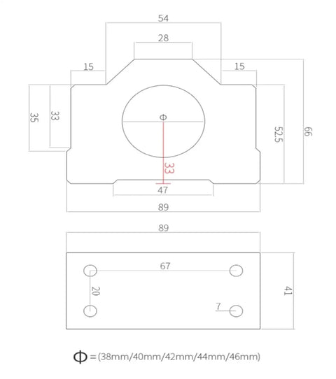 Technical diagram of Aluminum Spindle Motor Mount Bracket For CNC Machines 38mm 40mm 42mm 44mm 46mm clamp with measurements