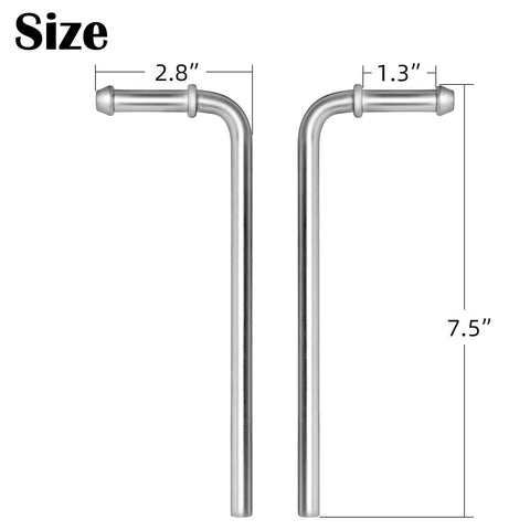 Universal Stainless Steel Exhaust Hanger Rods, 7.5 Inch Long, 90 Degree Bend, Double Ribbed Design, showing measurements