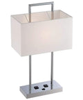 Jaymes Chrome Table Lamp With White Fabric Shade, 26-Inch Tall, modern metal base, dual sockets, sleek rectangular design