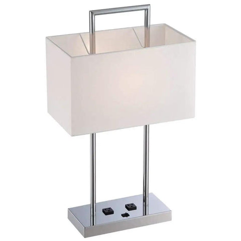 Jaymes Chrome Table Lamp With White Fabric Shade, 26-Inch Tall, modern metal base, dual sockets, sleek rectangular design