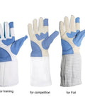 Fencing Gloves For Foil And Epee Non Slip Grip Breathable Lightweight Hand Protection Gear in blue and beige, three styles shown