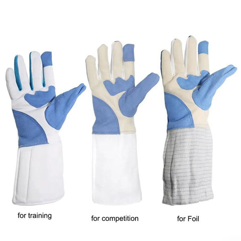 Fencing Gloves For Foil And Epee Non Slip Grip Breathable Lightweight Hand Protection Gear in blue and beige, three styles shown