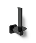 Matte black parallel vertical toilet paper holder with sleek minimalist finish, modern space-saving bath accessory, wall-mounted.