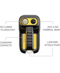 Front view of Handheld Thermal Imaging Camera With 200x150 Resolution And Built In LED Flashlight See Through Smoke And Detect Hot Spots Fast 25 Hz Temperature Imaging With labeled parts including LED, sensor, lanyard point, and charger contacts.