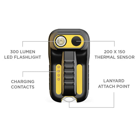 Front view of Handheld Thermal Imaging Camera With 200x150 Resolution And Built In LED Flashlight See Through Smoke And Detect Hot Spots Fast 25 Hz Temperature Imaging With labeled parts including LED, sensor, lanyard point, and charger contacts.