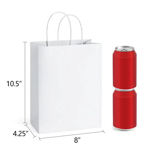 25 Pack White Gift Bags With Handles, 8 x 4.25 x 10.5 Inch Kraft Paper Bag next to two stacked red cans, eco friendly