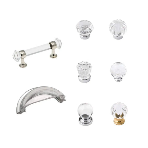 Various glass and metal cabinet knobs including Ridged Glass Knob With Chrome Finish, Luster Style 1 5 16 Inch Wide Cabinet Knob Set Of 7.