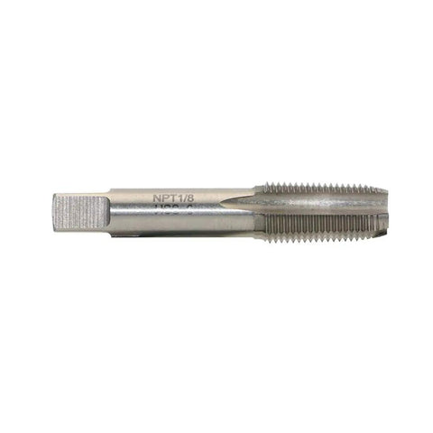 One Eighth Inch 27 NPT Tapered Pipe Thread Tap Pro Grade Workhorse High Speed Steel M2, detailed view of cutting threads and shank.