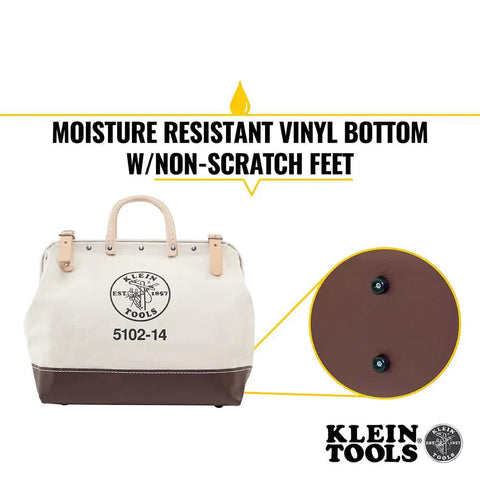 Heavy Duty Natural Canvas Tool Bag With Wide Hinged Opening Leather Handles Riveted Steel Frame Mouth Secure Buckle Straps Moisture Resistant Vinyl Bottom 14 Inch Multi Purpose Tote For Pros And DIYers in white with brown vinyl bottom