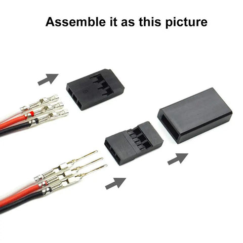 30 Sets RC Servo Connector Kit With Male And Female Crimp Pins, Brass Nickel Plated, Housings, Protective Covers, Assembly Diagram