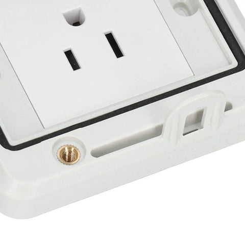 Built Tough Heavy Duty US Standard Waterproof Electrical Socket 127V 15A Industrial IP66 Outlet close-up view showing sockets and mounting hole.