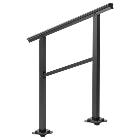 Heavy Duty Aluminum Outdoor Stair Handrail Rock Solid Deck Railing Adjustable Angles Supports Two To Three Steps Includes Knockout Mounting Kit Porch Safety Bar in black finish, single pack, shown from the side.