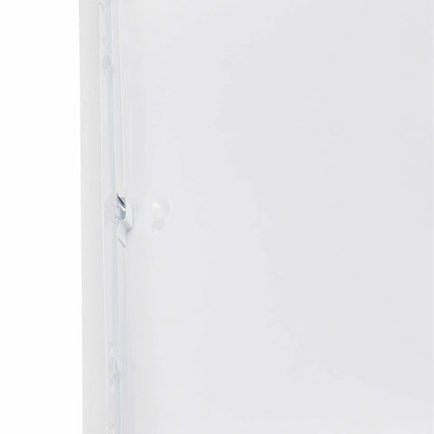 Close-up of the hinge of the 10 X 14 Inch White Steel Drywall Access Panel With Slick 145 Degree Swing Door.