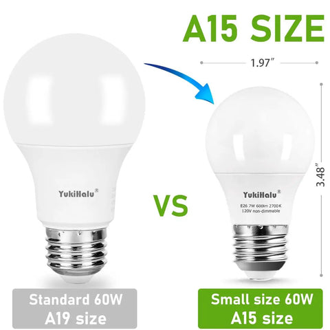 Comparison of A15 size vs A19 size bulbs with dimensions, showcasing 7W E26 A15 LED bulb size.