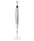 Heavyweight Forty Gram Vertical Casting Jig With Razor Sharp Treble Hooks And Streamlined Silver Shape front view, suitable for shore fishing.