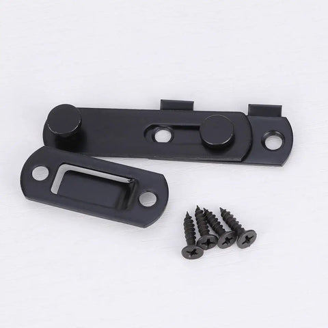 Close-up of 2pcs Stainless Steel Black Right Angle Door Hasp Latch for Gates with mounting screws on white background.