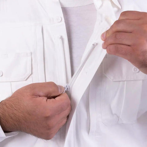 Mens Straight Up Field Ready Tactical Long Sleeve Shirt In Bright White featuring a smooth hidden zipper being zipped up.