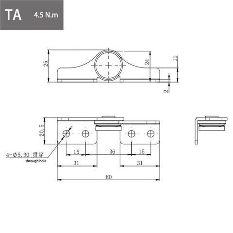 Front and side views of a 304 stainless damping hinge, left TA, non-adjustable 2.0 N.m torque, 80 mm length