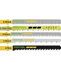 Jigsaw Blade For Wood Multicolor, T Shank, HCS Steel, display of five blades, different sizes, compatible with T Shank saws.