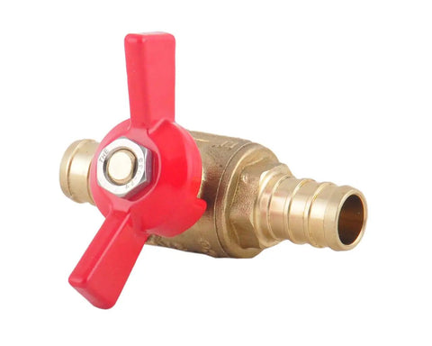 One Half Inch PEX Brass Ball Valve Two Pack With Red And Blue T Handle, DIY Friendly Shut Off PEX Barb Water Valve, CUPC Certified