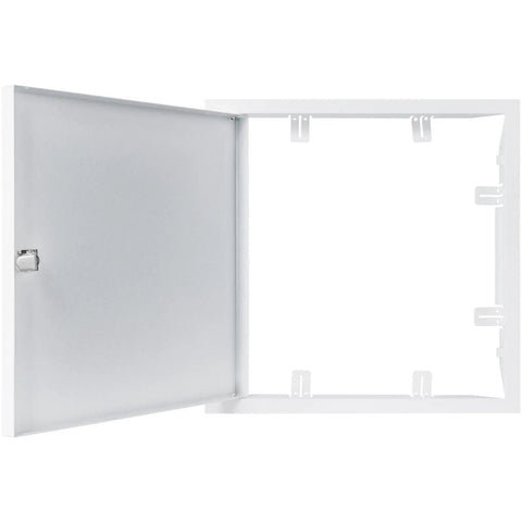 Rock Solid 12 x 12 Inches White Galvanized Steel Access Panel For Drywall open view, showcasing security lock and hinges.