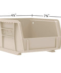 Tan plastic storage bin with dimensions labeled, part of Stackable Plastic Storage Bins for Garage Pantry and Craft Organization line.