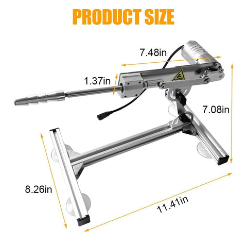 BOVZOR 24V mini reciprocating linear actuator, angled side view with remote controller and suction cups on metal stand