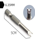 Heavy Duty 5 Pc 1/4 Hex Shank Magnetic Screwdriver Bit Set Featuring U Shape Y Type Inner Cross Three Point Special Heads Built Different With Durable S2 Steel For Power Drills Top Shelf Ace 6.35MM hex bit 5CM length close view.