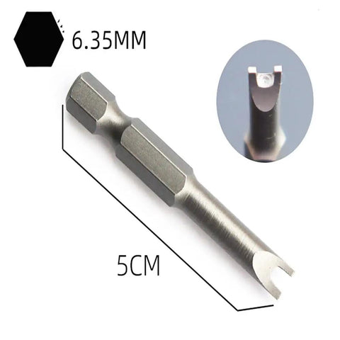 Heavy Duty 5 Pc 1/4 Hex Shank Magnetic Screwdriver Bit Set Featuring U Shape Y Type Inner Cross Three Point Special Heads Built Different With Durable S2 Steel For Power Drills Top Shelf Ace 6.35MM hex bit 5CM length close view.