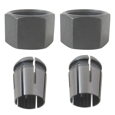 Two Pack Router Collet Replacement Kit One Half Inch Upgraded Beefed Up For Dewalt DW616 DW618 Series And MRC23EVS Models Premium Metal Collets Delivering Maximum Concentricity And Smooth Durable Performance, showing four metal collets.